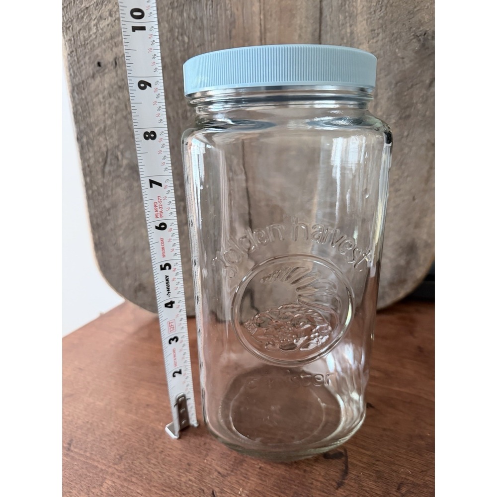 Vintage Golden Harvest Canister Glass Storage Jar W/ Blue Screw On Lid- 9" Tall